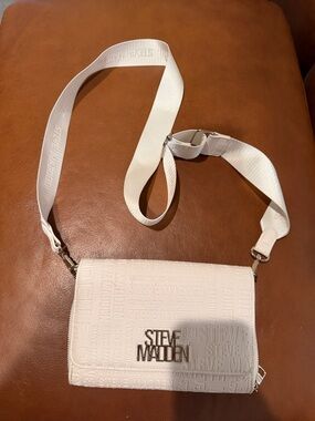 Steve Madden White Wide Logo-Embossed Crossbody Strap with Silver Hardware